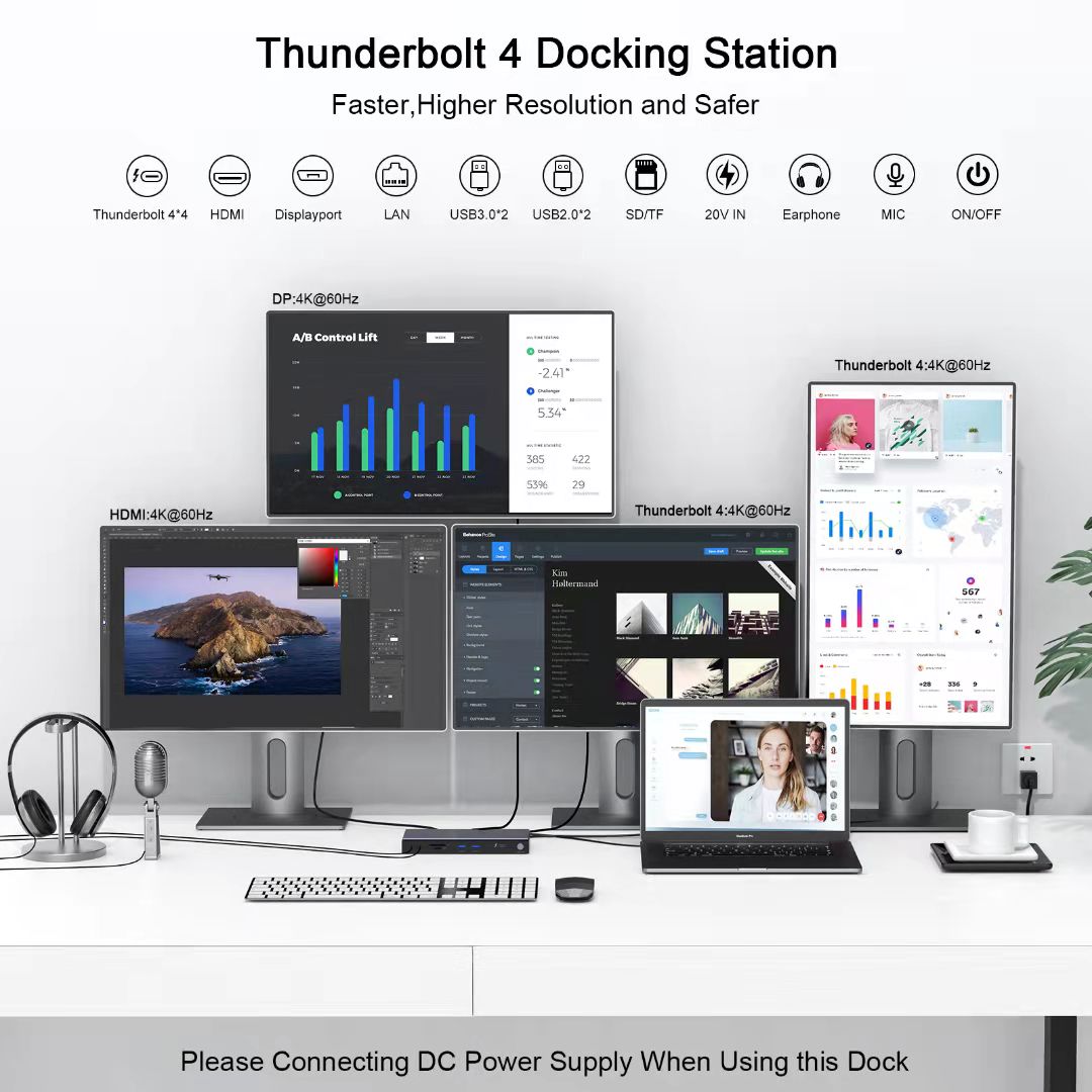  Thunderbolt 4 Docking Station, QGeeM Universal Quadruple  Display Thunderbolt 4 Dock 4K or Single 8K, 16 in 1 USB C Laptop Docking  Station with 130W Power, Compatible for MacBook Dell HP Surface :  Electronics